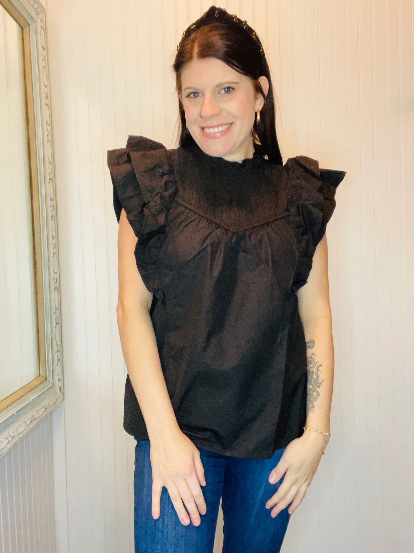 Entro Black Ruffled Neck Top