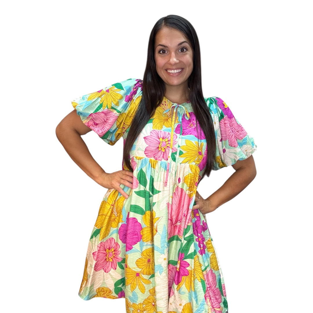 Fancy Floral Bubble Sleeve Dress