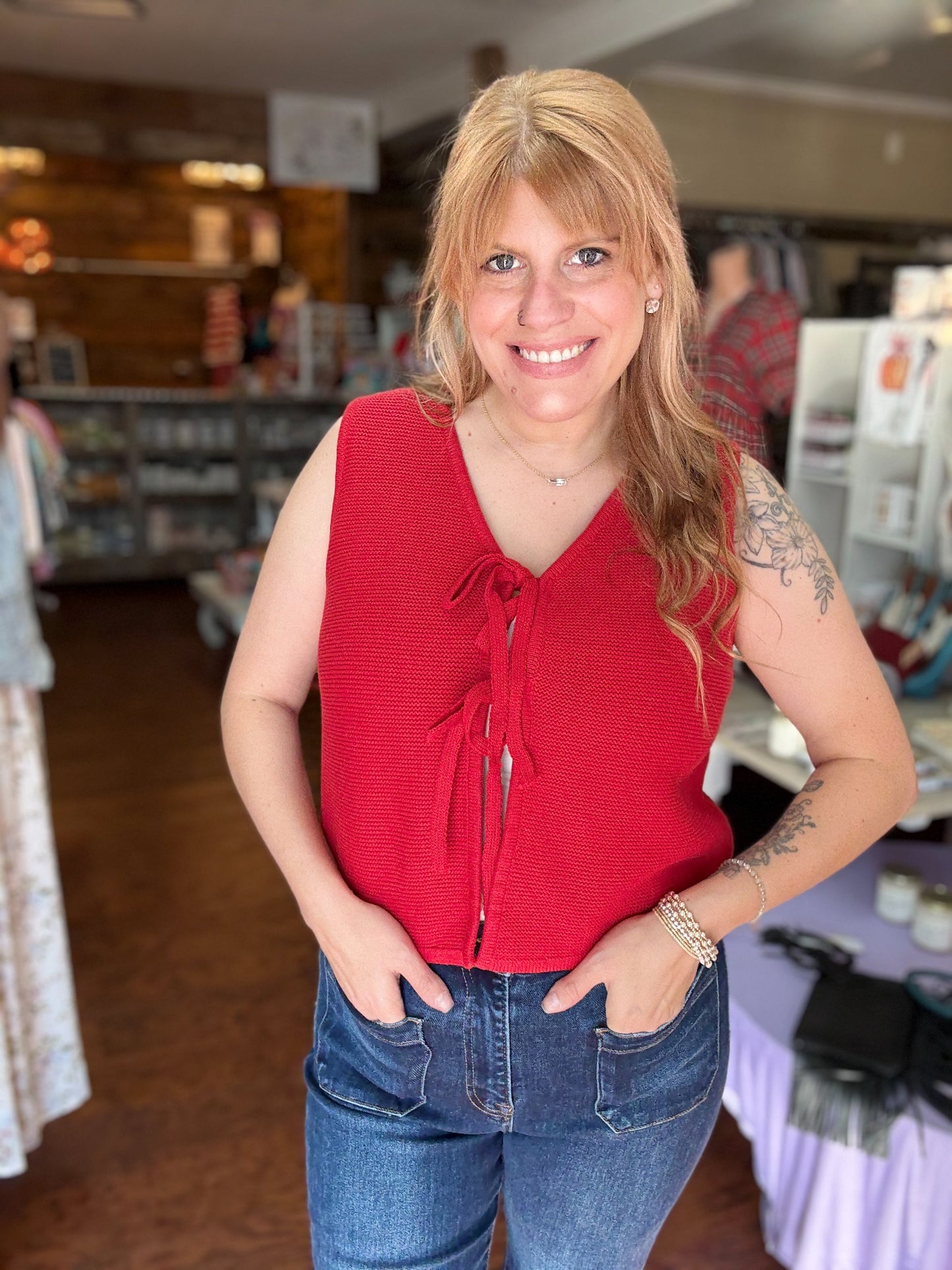 Ruby Red Tie front sweater vest
