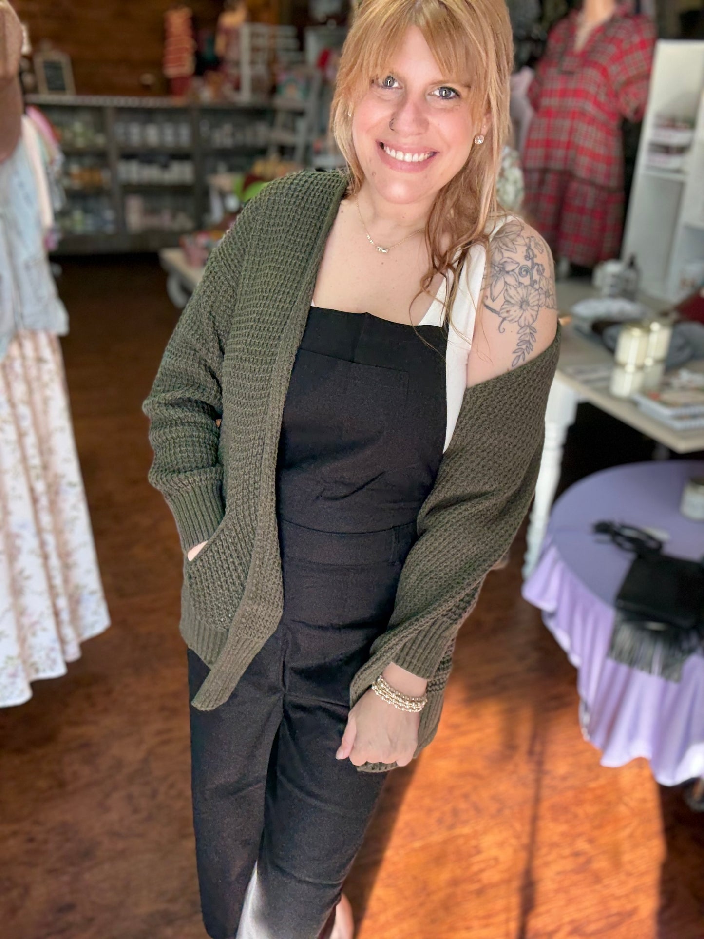 Low Gauge Waffle cardigan in Olive