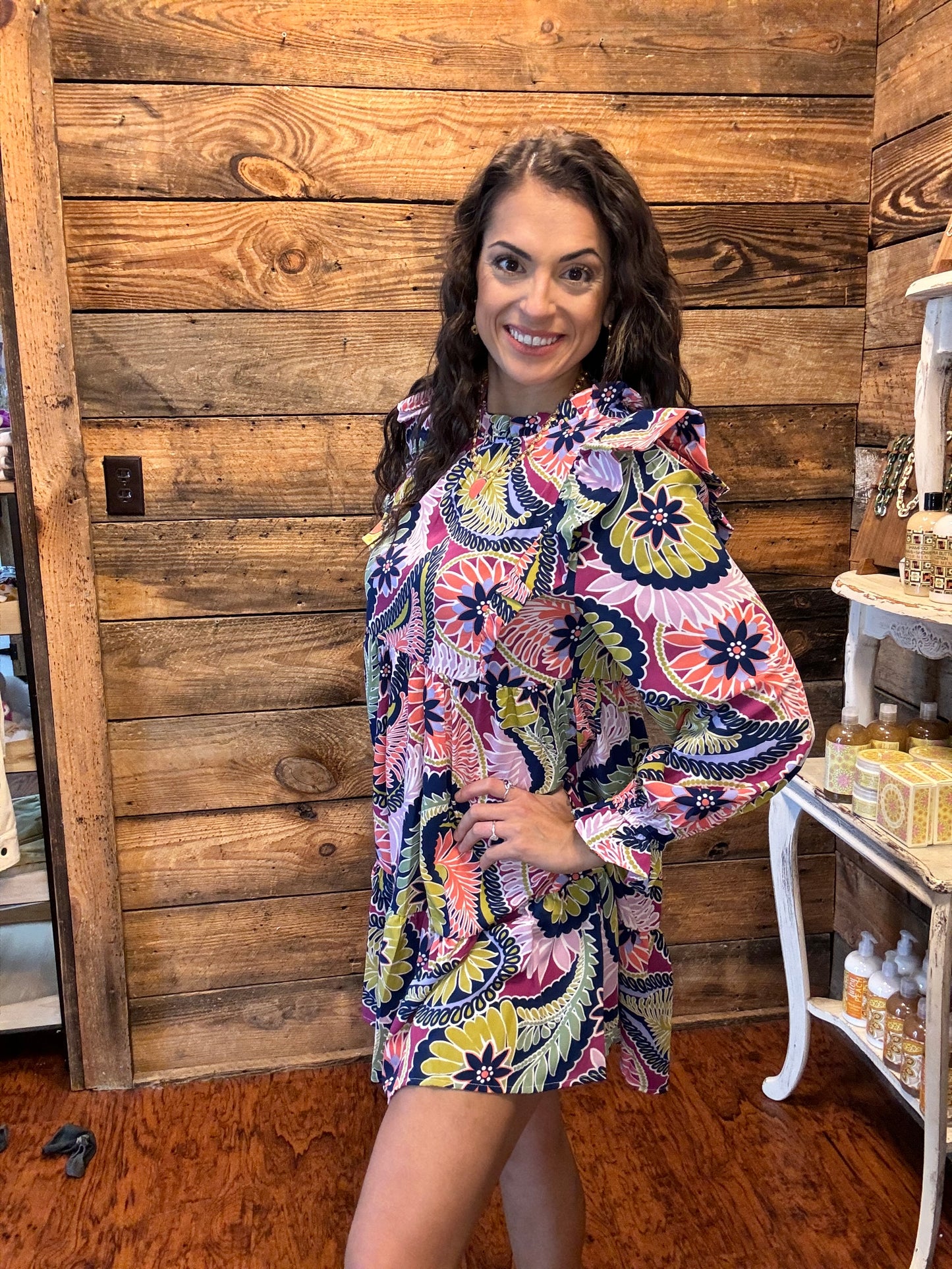 Paisley Print Ruffled Shoulder Dress