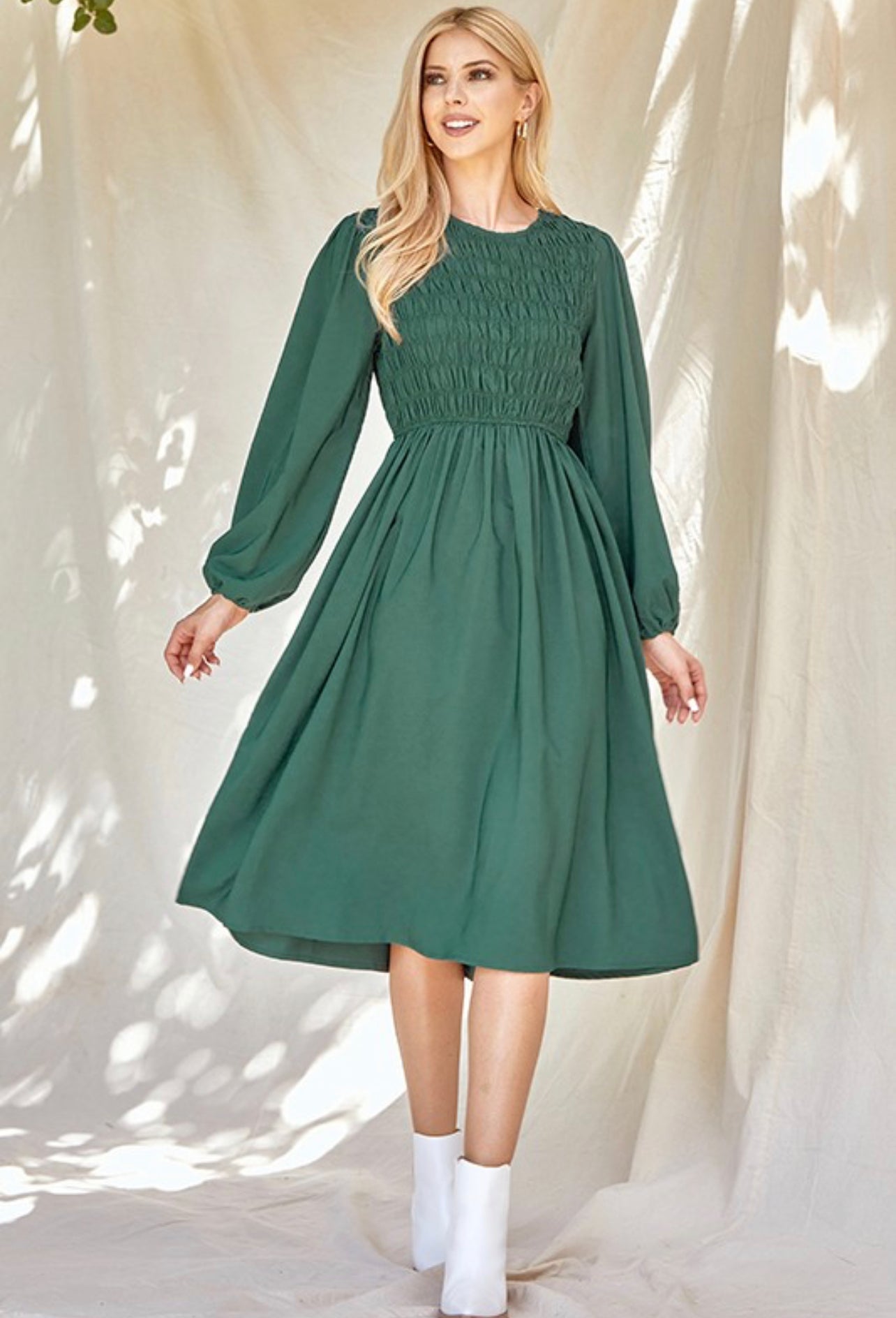 Solid Smocked Midi Dress