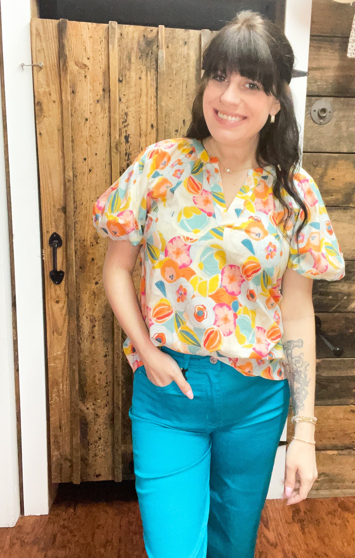 Yellow/Teal Floral Balloon Sleeve Top