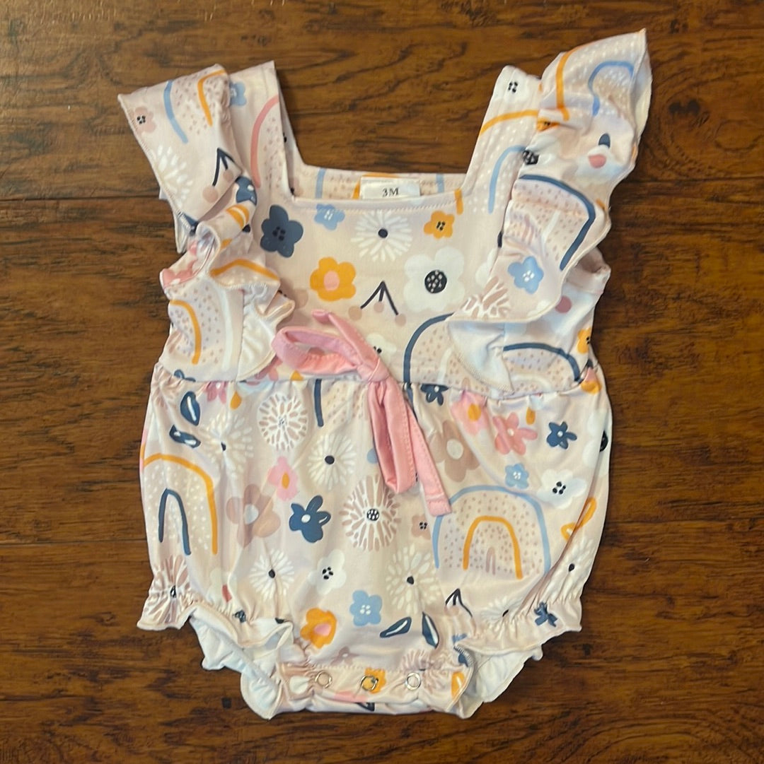 Cream Ruffle Floral Print Girl Romper