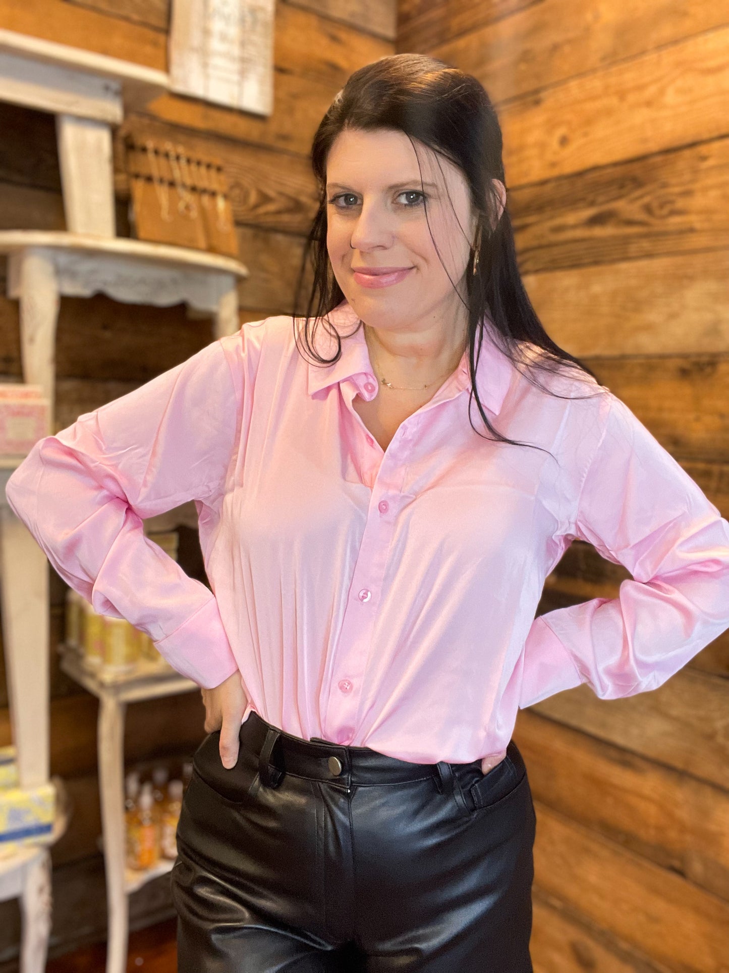 Satin Charmeuse Button Shirt in Pink