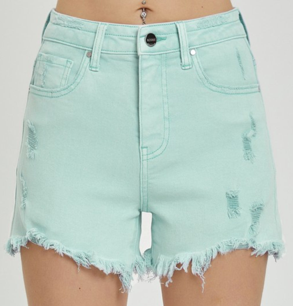Risen High-Rise distressed Mint Shorts