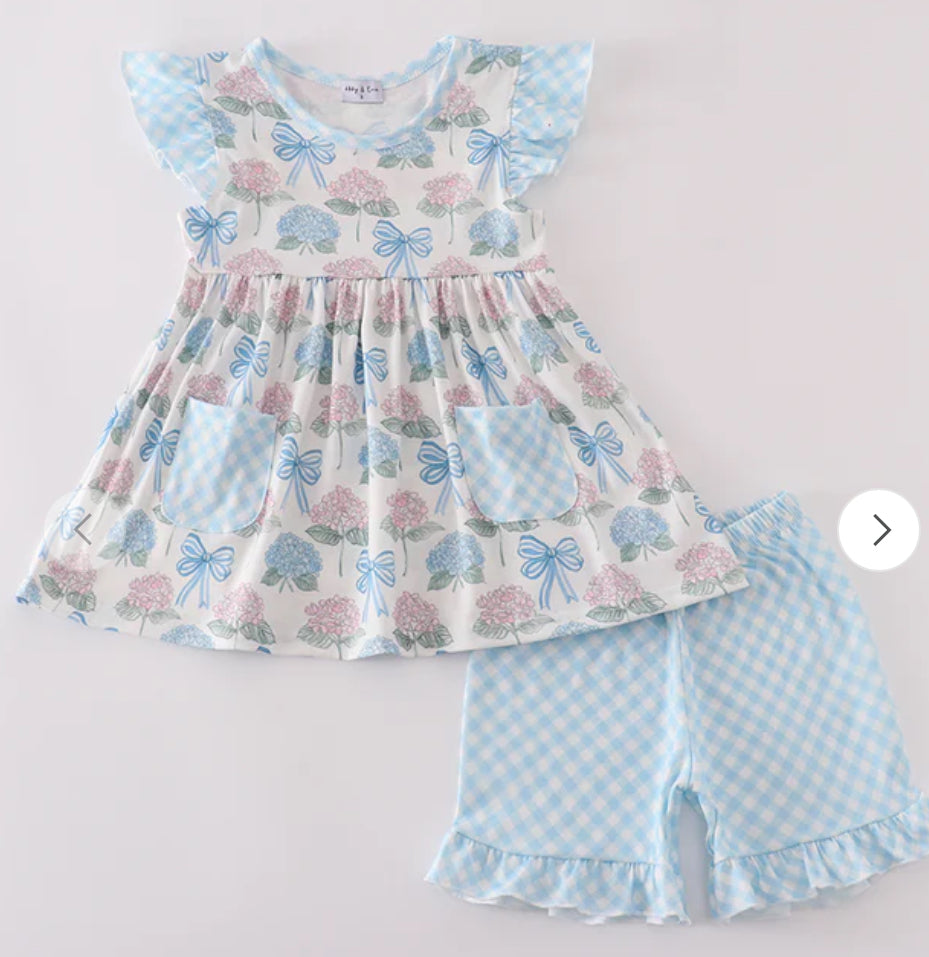 Blue hydrangea Ruffle Shorts set