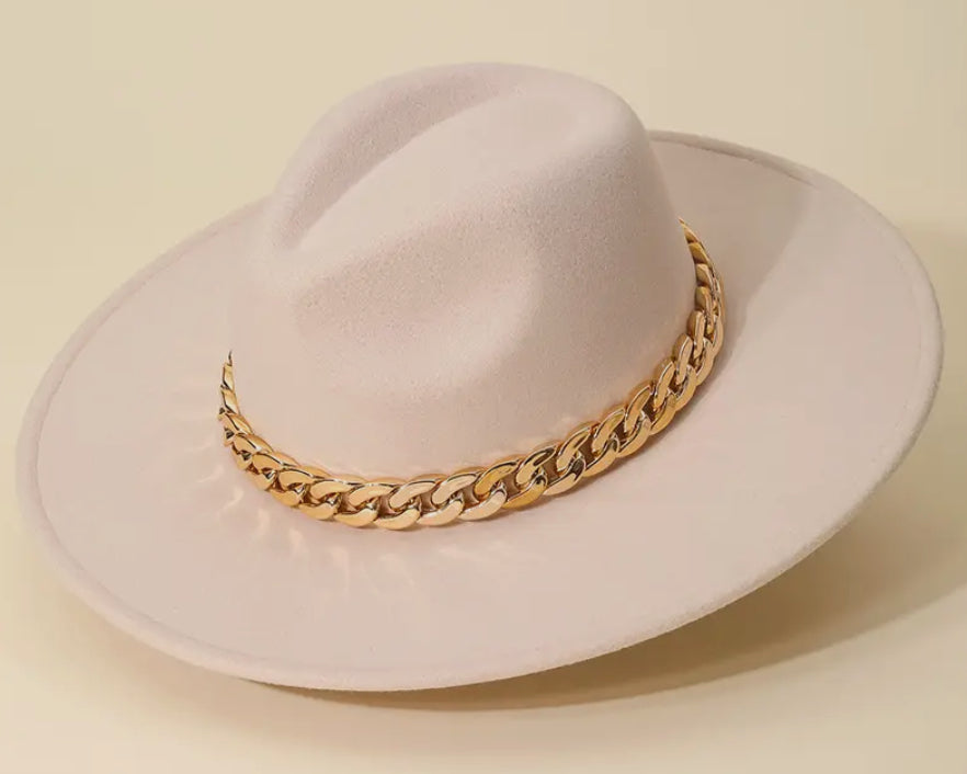 Chained Strap Wide Brim Hat in Beige