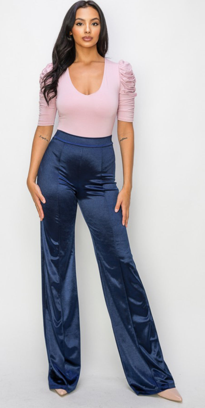 Satin Stretch High Waisted Pants Black