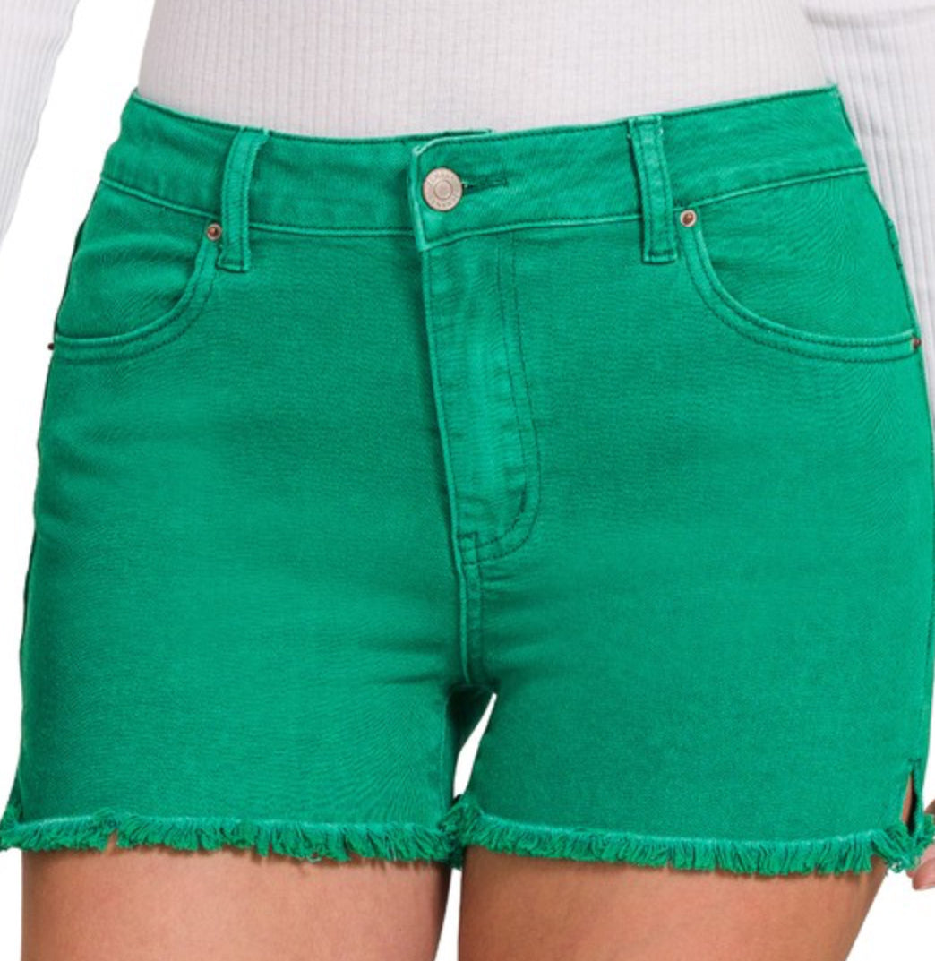 Zenana Acid Washed Frayed Shorts in Kelly Green