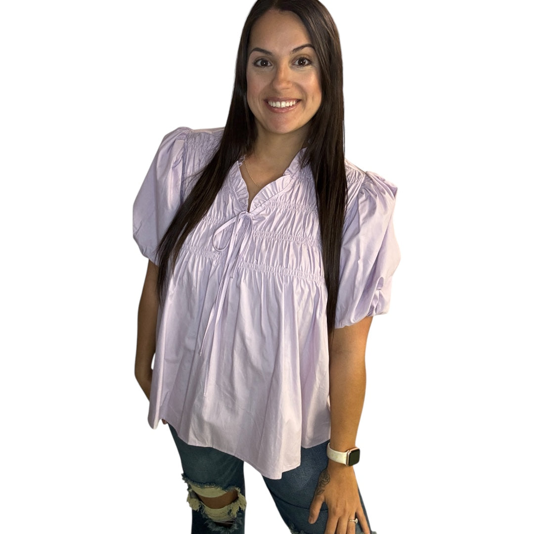 LILAC SARAH BUBBLE SLEEVE SMOCKED WOVEN TOP