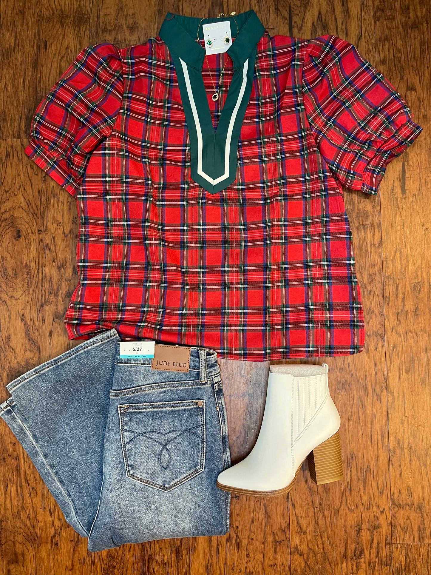 Merry Plaid Puff Sleeve Blouse