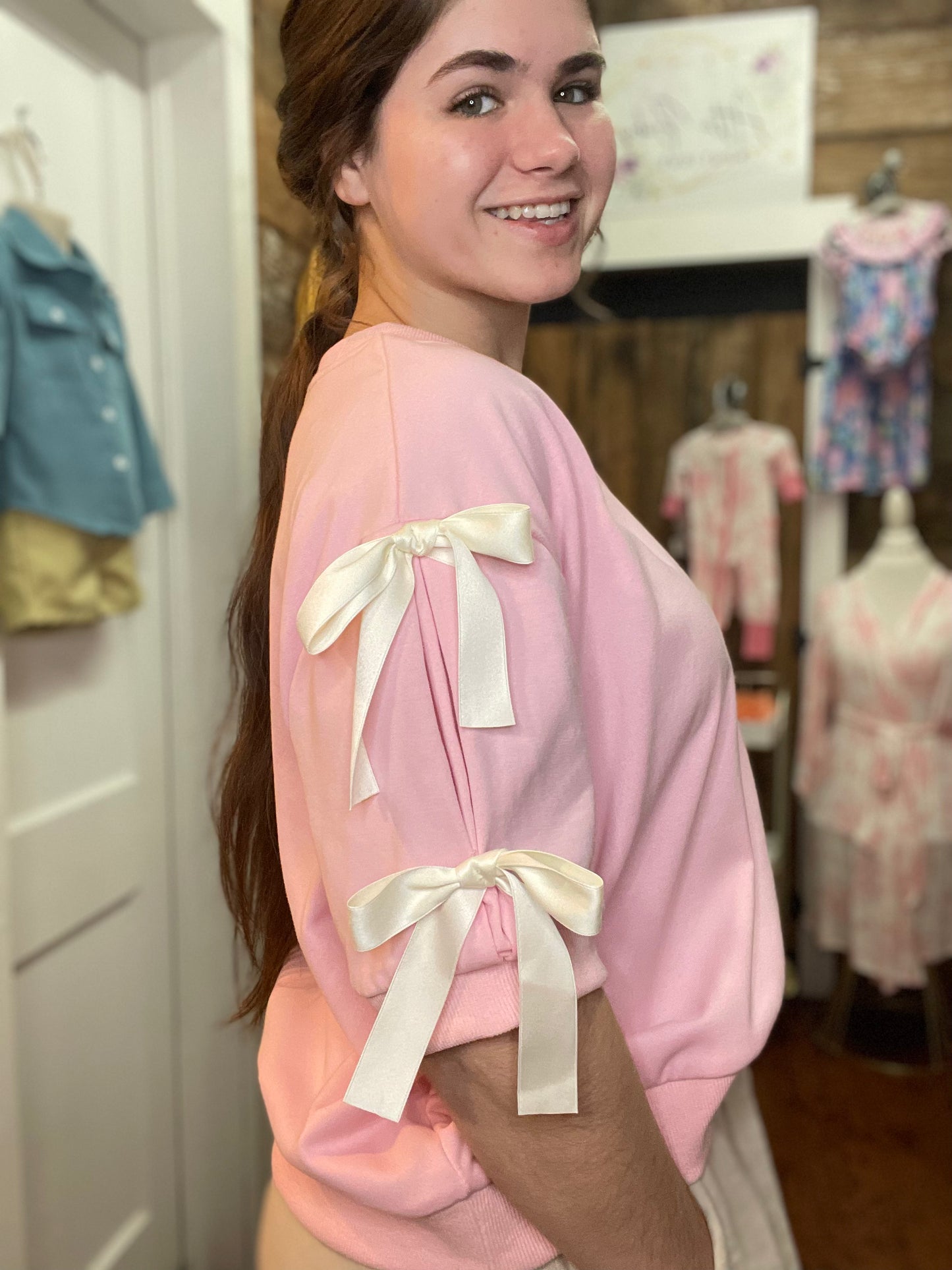 Ashley Pink Contrast Bow Top