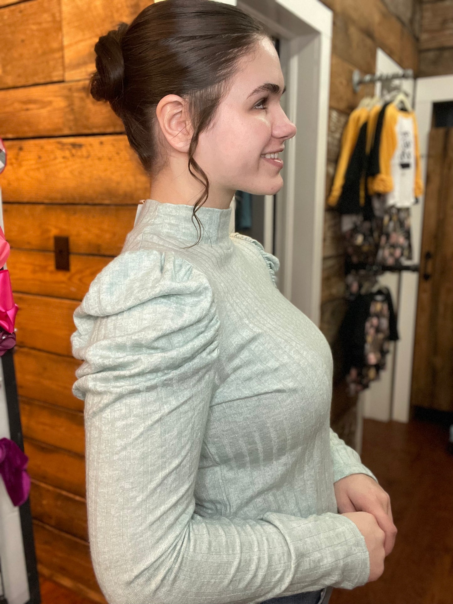 Ribbed Puff Long Sleeve in Lt Green