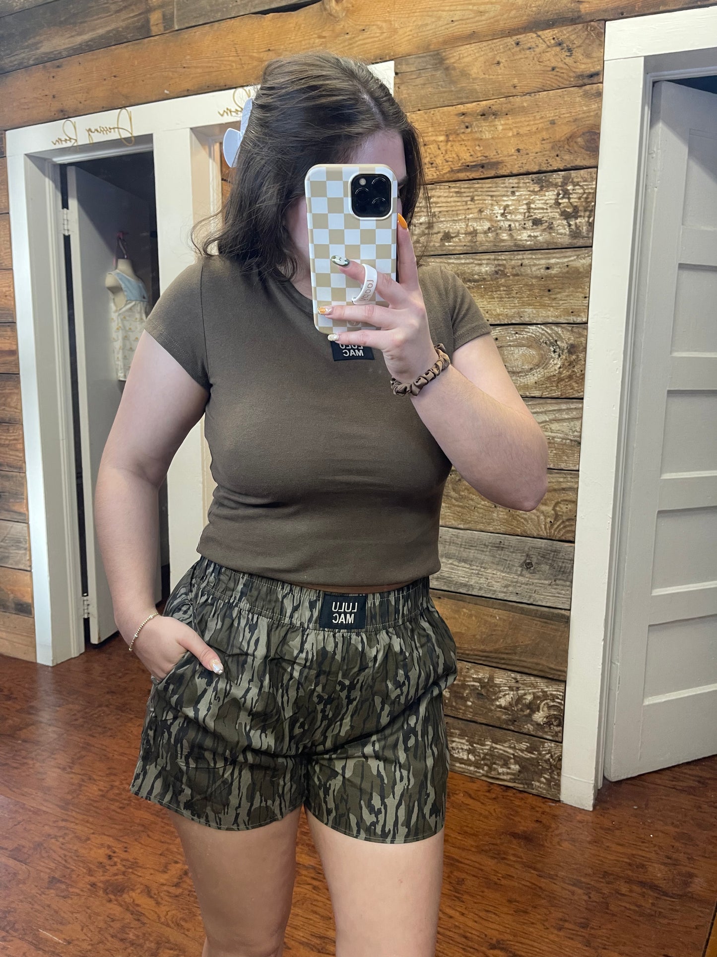 Lulu Mac X Mossy Oak Bottomland Boxer style shorts