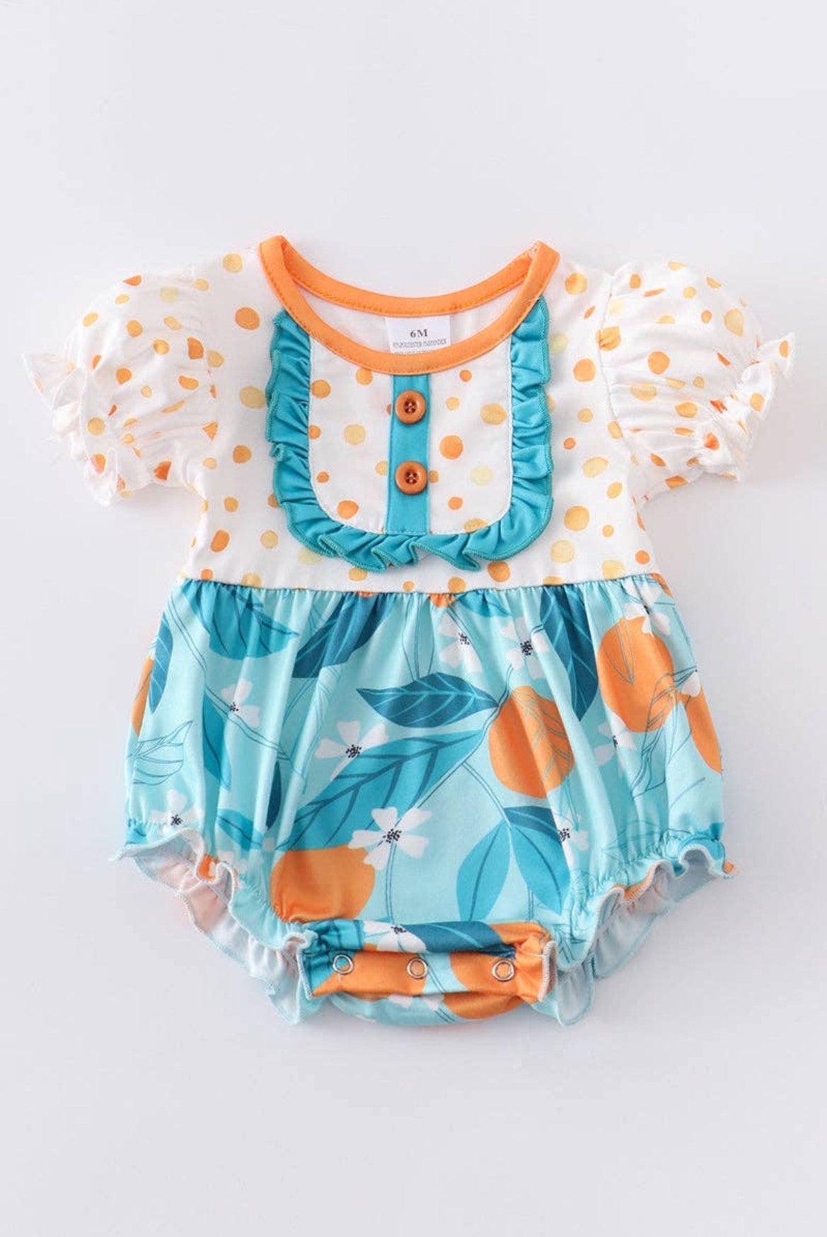 Orange print ruffled baby girl romper