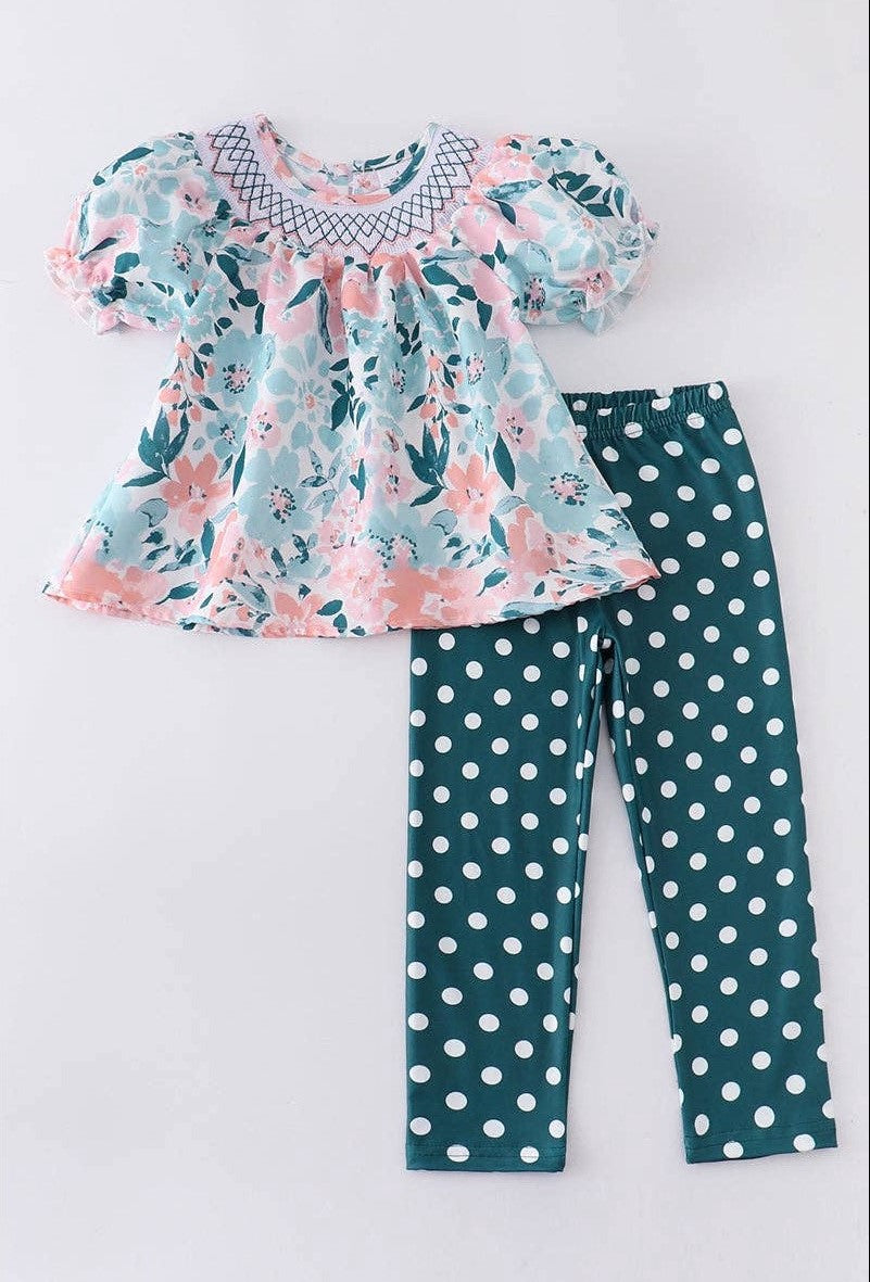Floral smocked girls pant set
