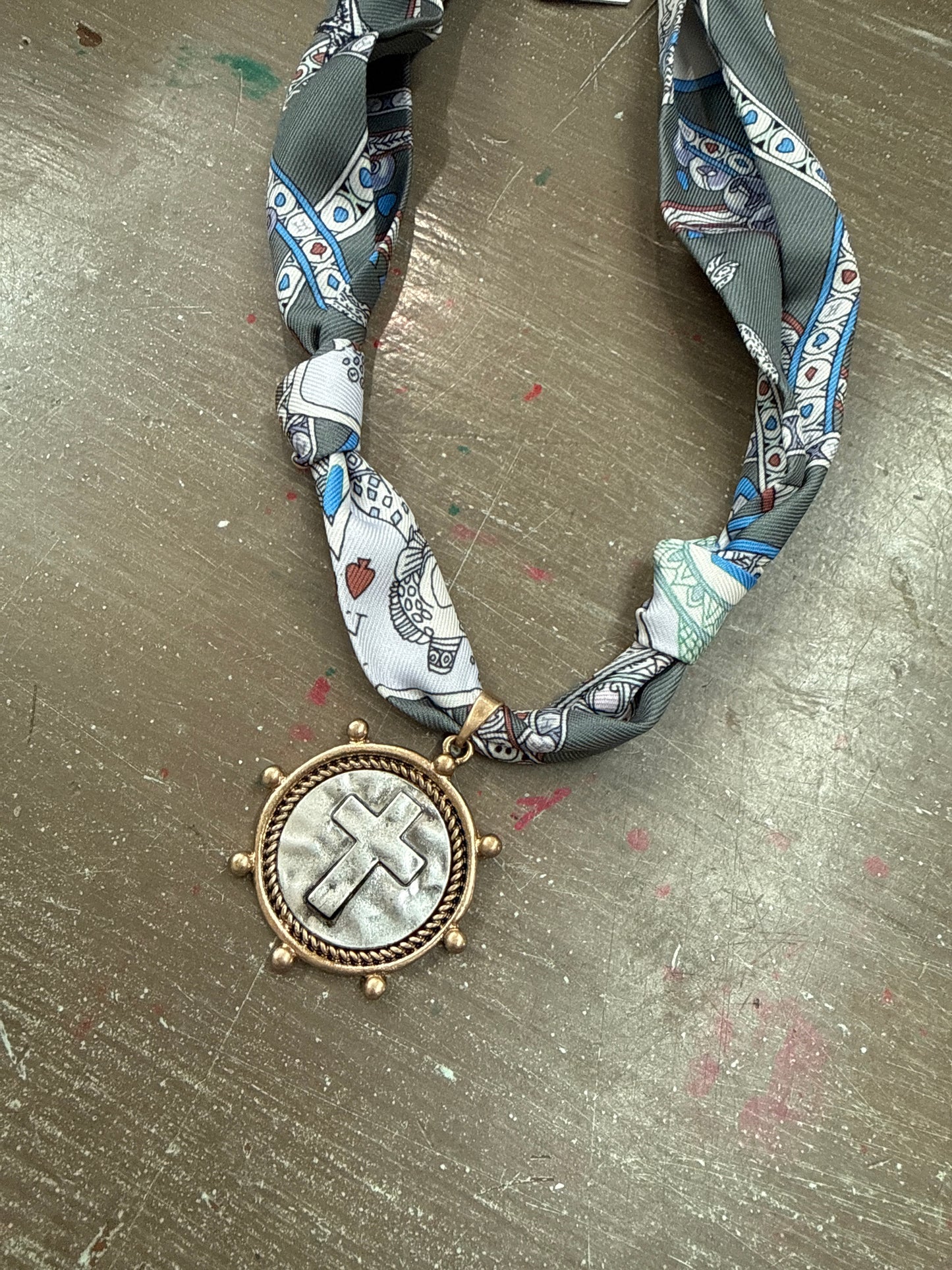 Grey and navy with cross coin knotted scarf necklace