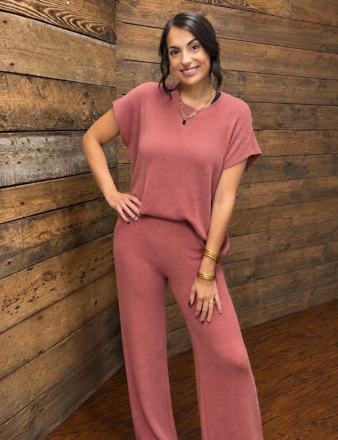 Relaxed Rebecca Ribbed Set in Rust