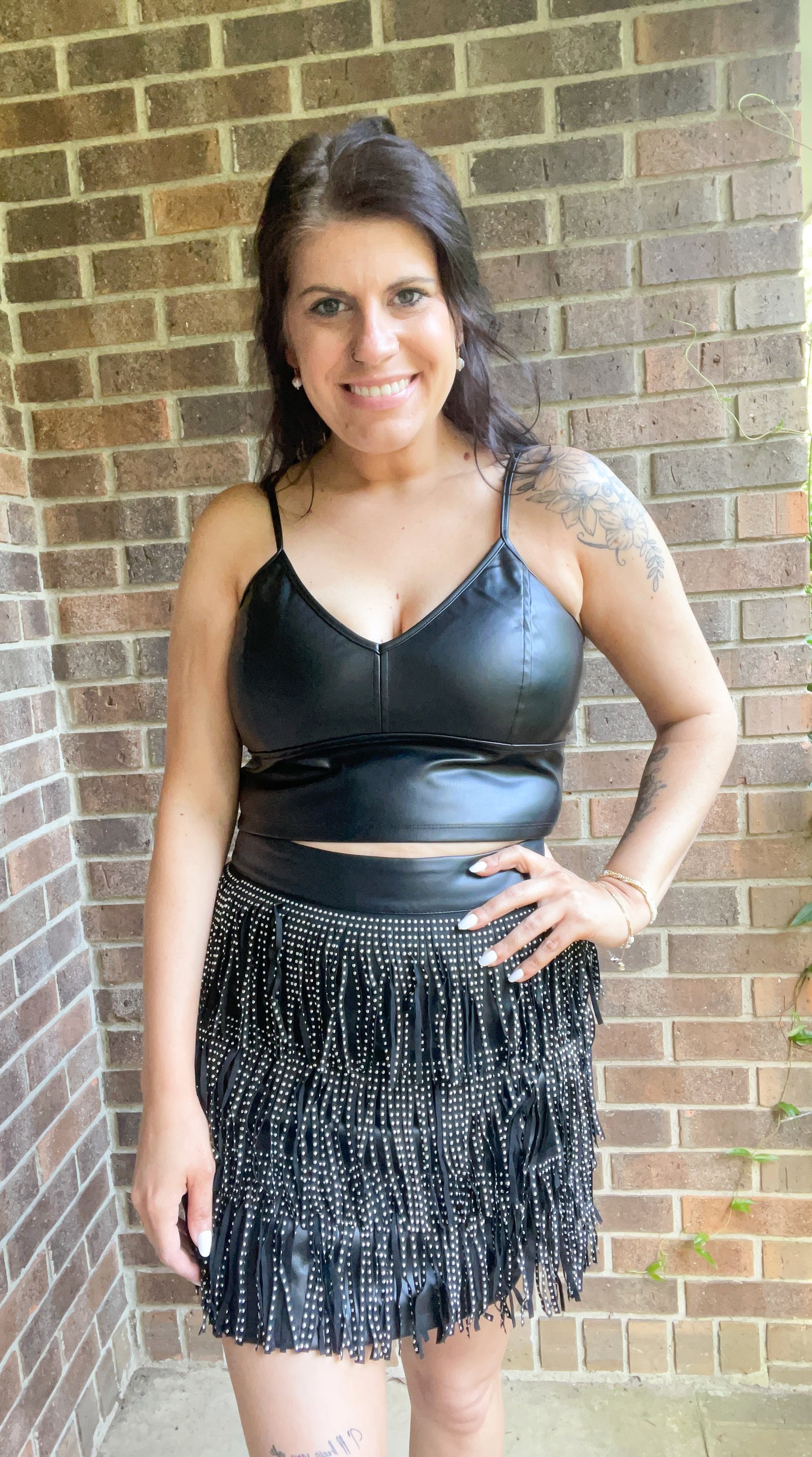 Black Faux leather Fringe Skirt