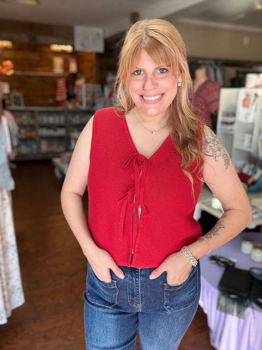 Ruby Red Tie front sweater vest