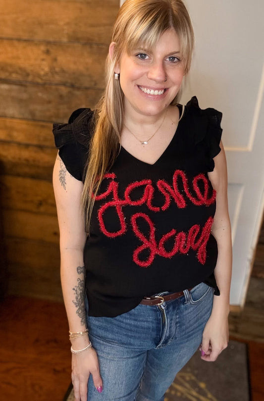 Bibi Game Day Metallic Ruffle Sleeve Top