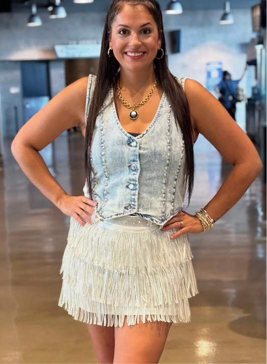 Silver Studded Vintage Wash Denim Vest
