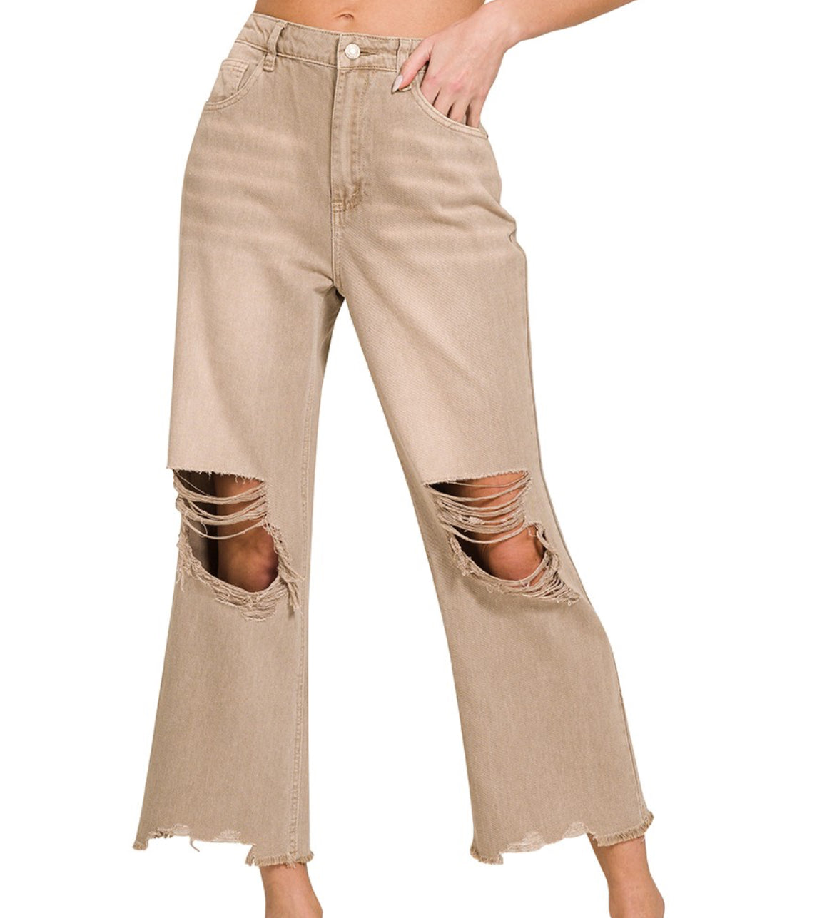 Zenana Washed Distressed knee and Hem Cropped Pants