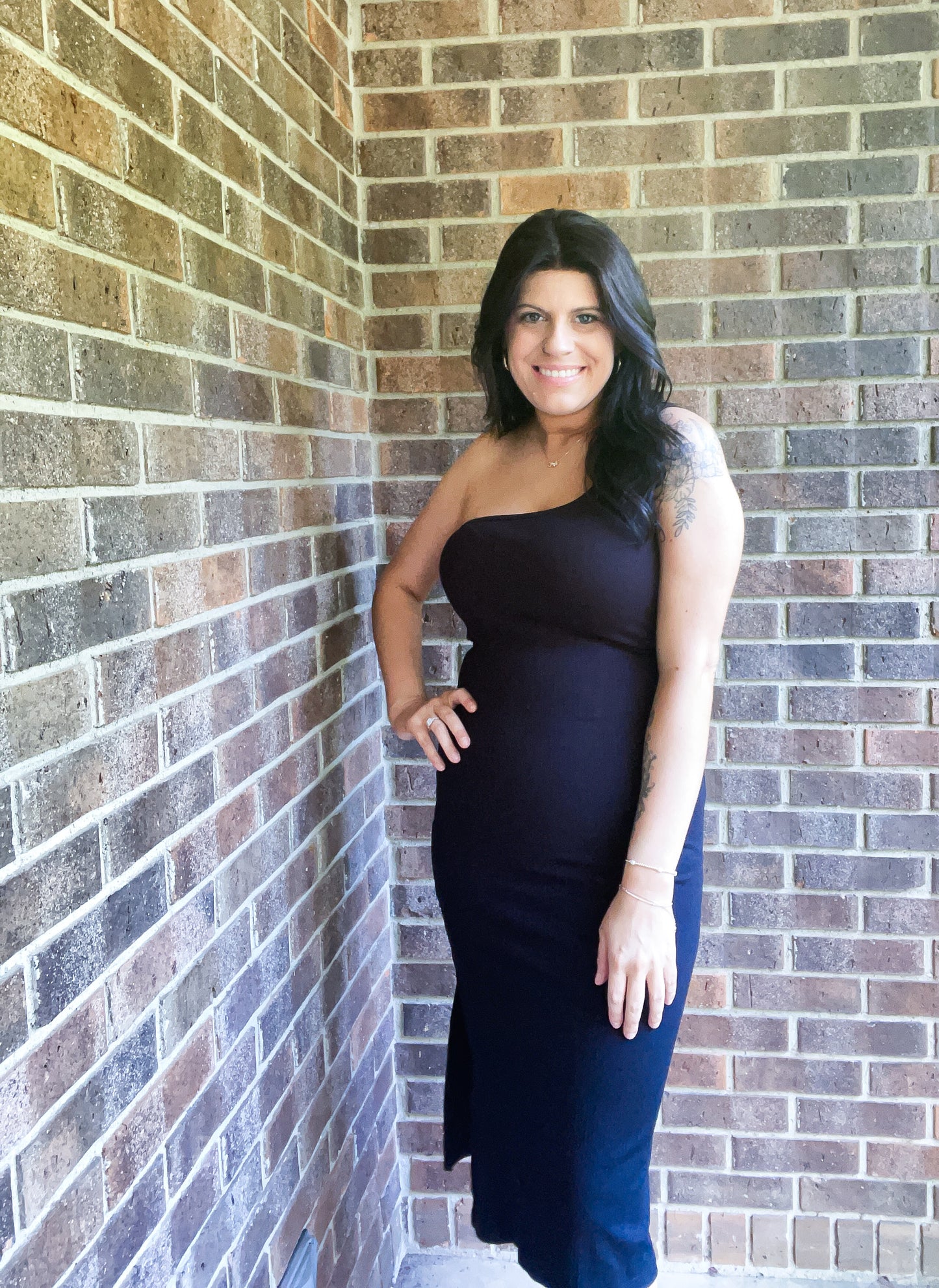 Black One Shoulder Side Slit Body Con Dress