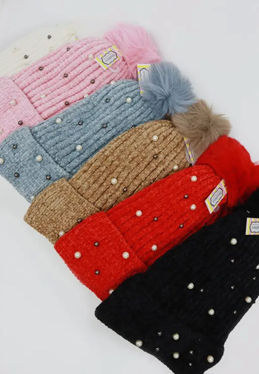 Fur Lined Pom & Pearl Beanies