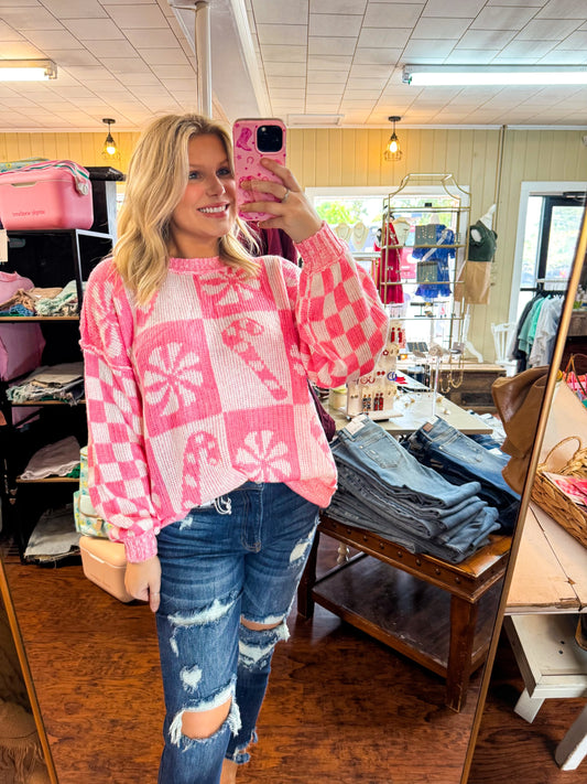 Holiday Pink Christmas Candy oversized Sweater