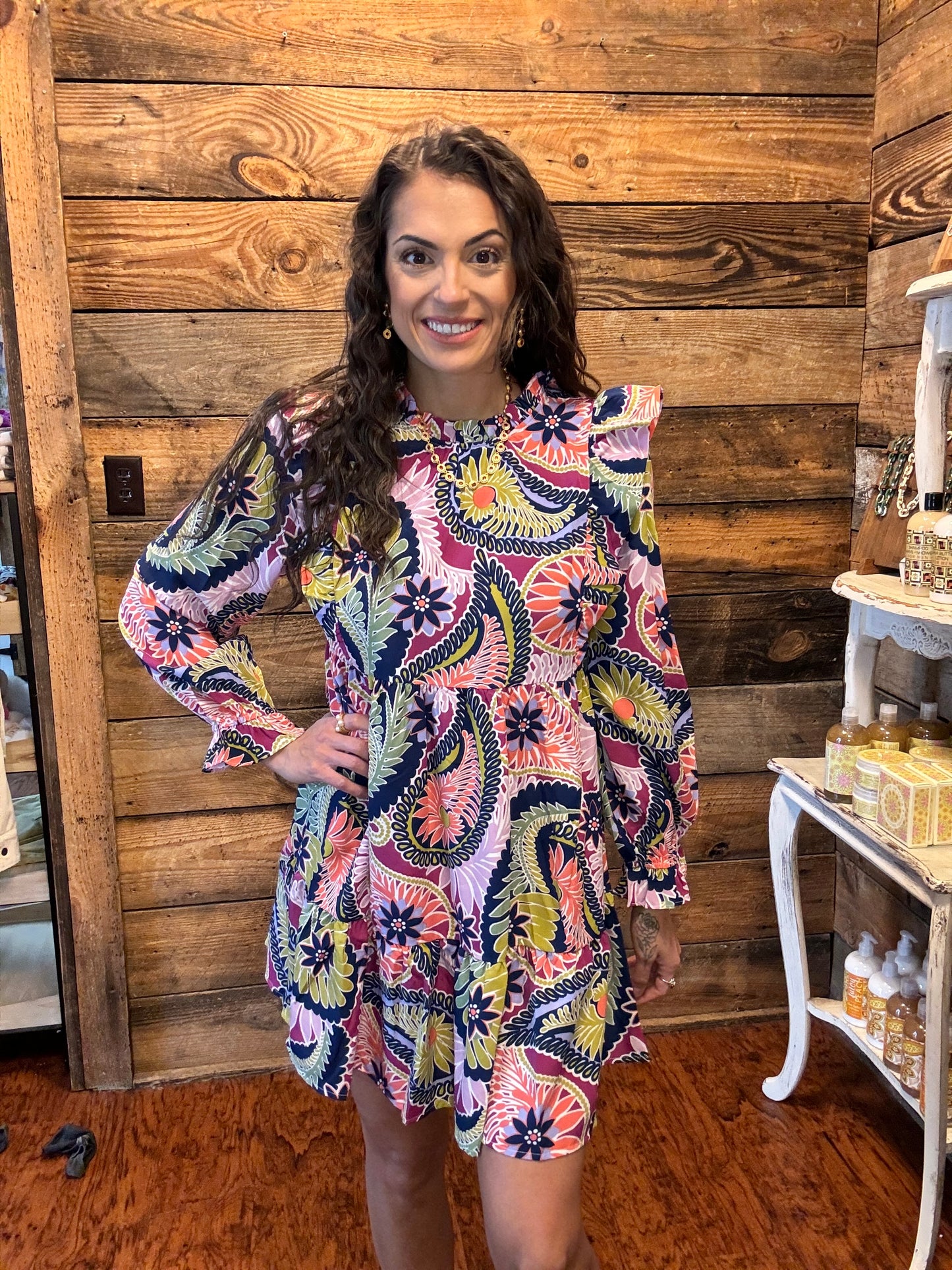Paisley Print Ruffled Shoulder Dress