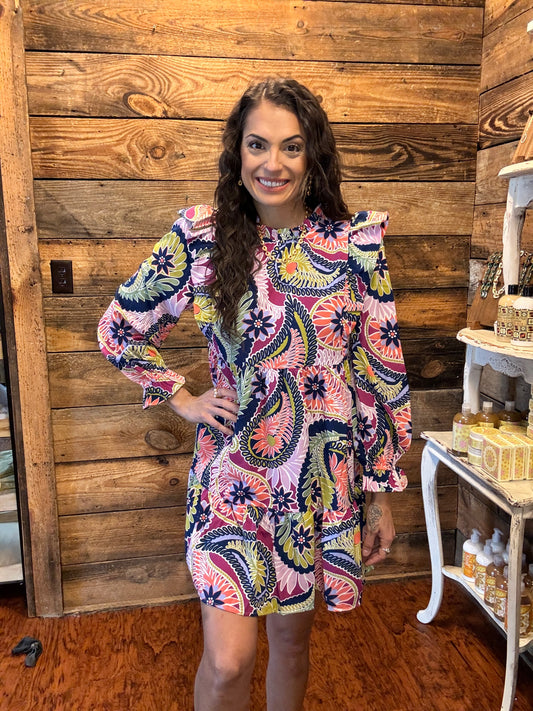 Paisley Print Ruffled Shoulder Dress