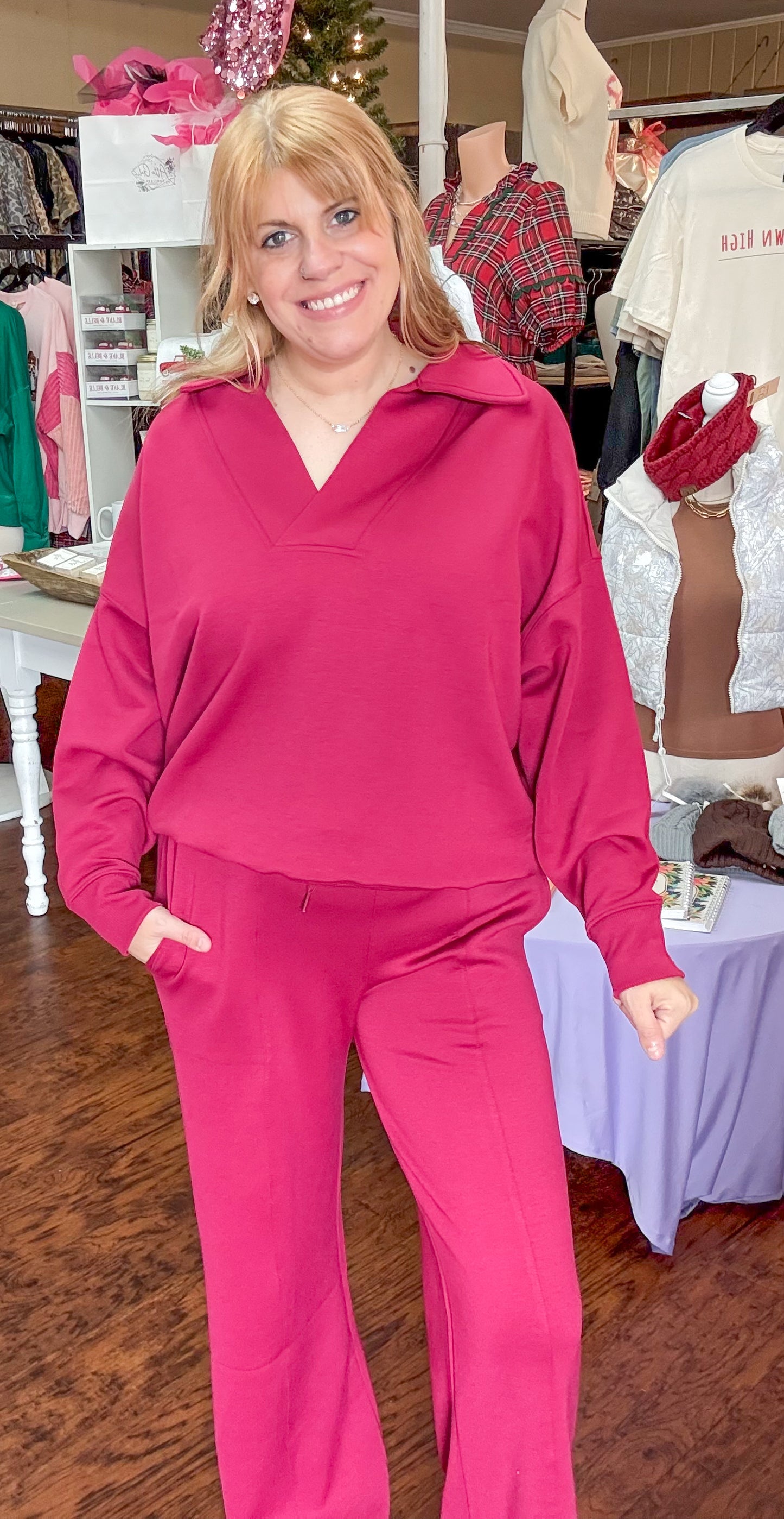 Scuba Collared Pullover Set in Cabernet