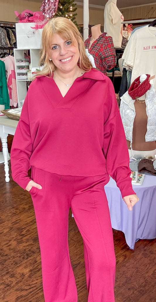 Scuba Collared Pullover Set in Cabernet
