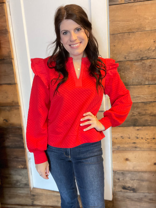 Red Ruffle Shoulder Long Sleeve