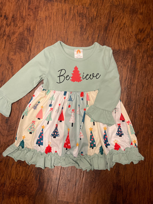 Believe Christmas Tree Ruffle Dress