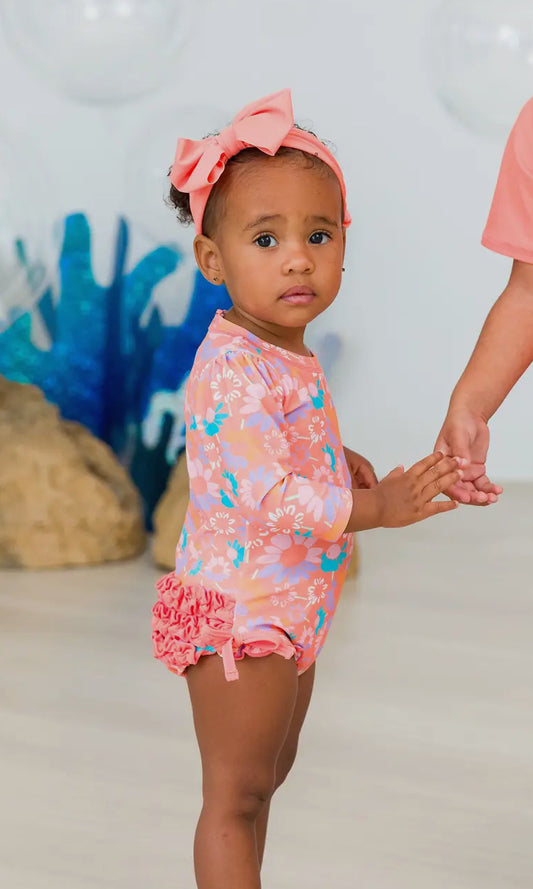 Rufflebutts Coral Floral Long Sleeve One Piece Swimsuit