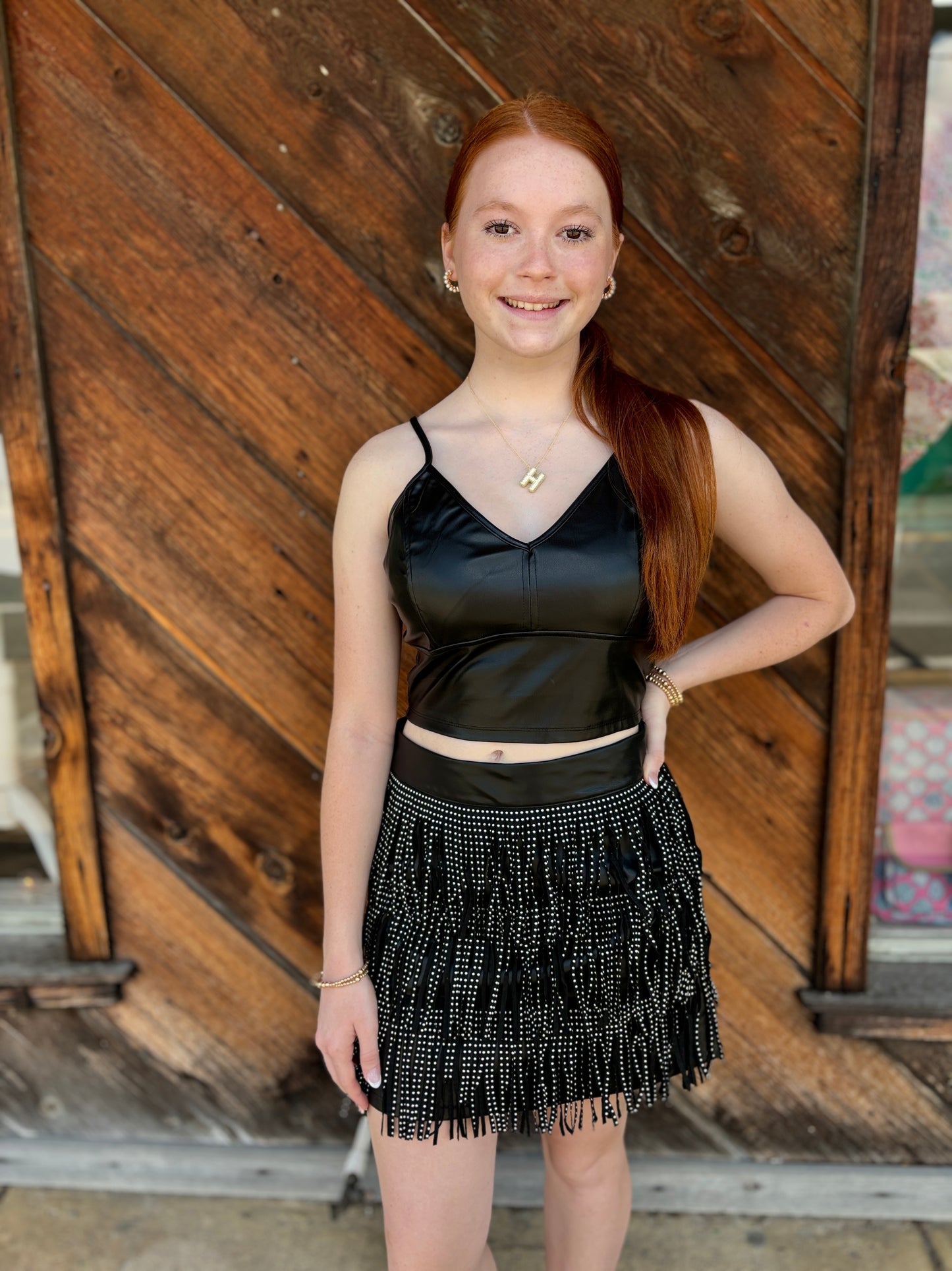 Black Faux leather Fringe Skirt