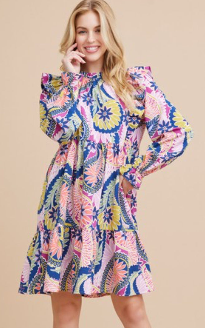 Paisley Print Ruffled Shoulder Dress
