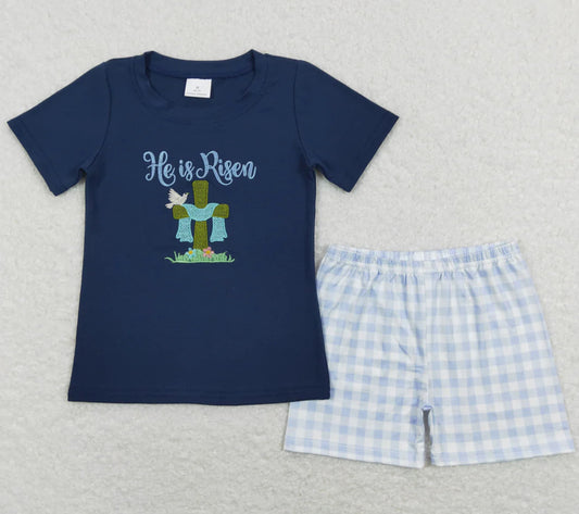 Navy He Is Risen Shorts Set