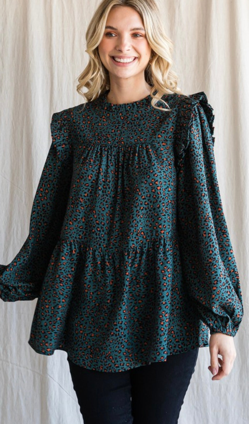 Teal Leopard Ruffle Long Sleve