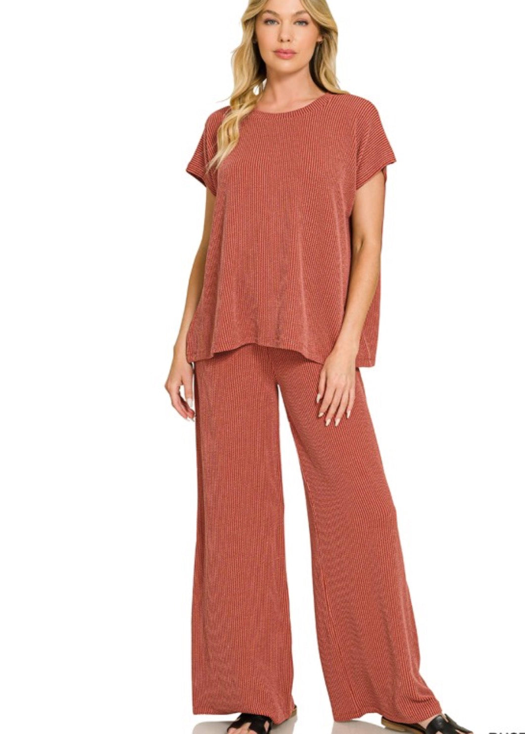 Relaxed Rebecca Ribbed Set in Rust