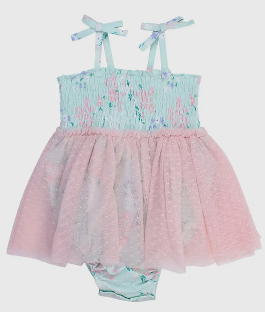 Rufflebutts Mint Meadow Smocked Tulle Bubble Romper