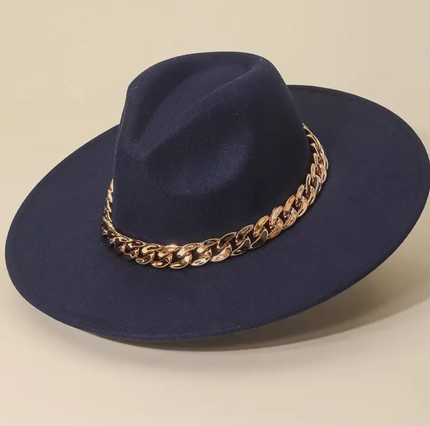 Chained Strap Wide Brim Hat in Navy
