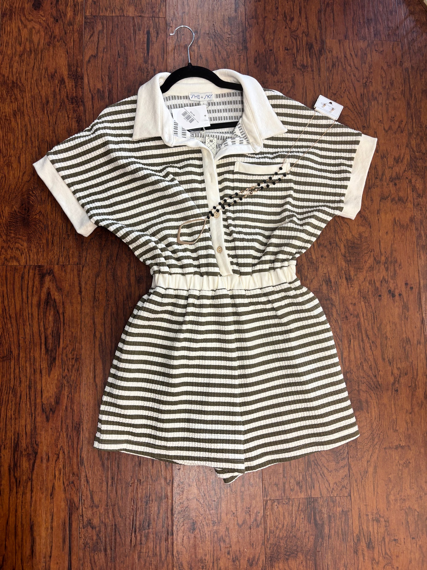Olive Striped Button Down Romper