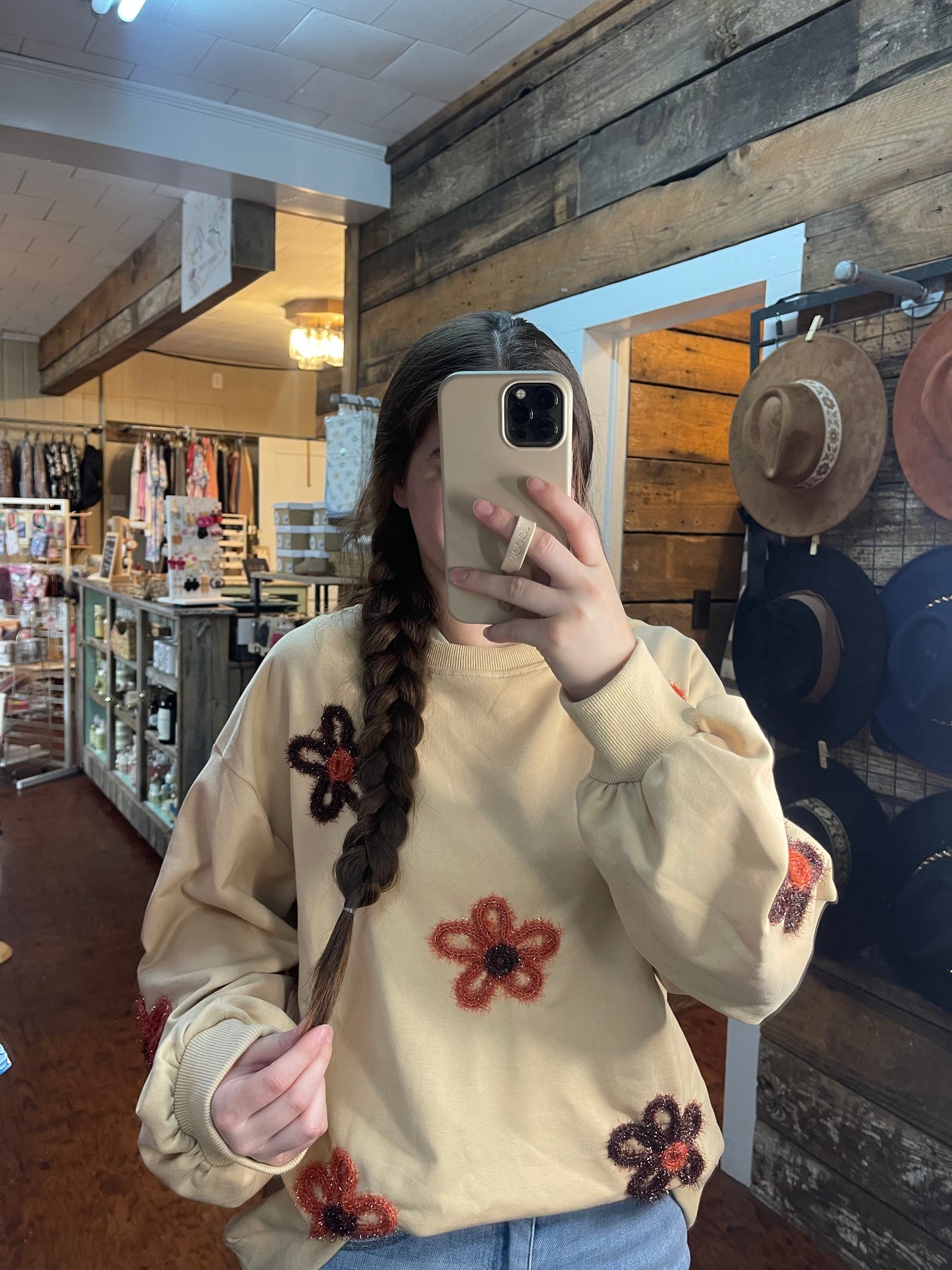 Neutral Girly Flower Tinsel Sweater