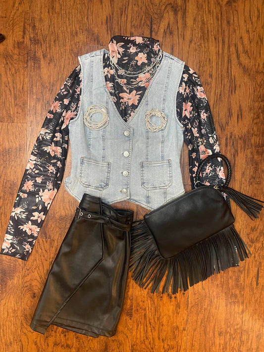 Faux Leather Belted Wrap Skirt