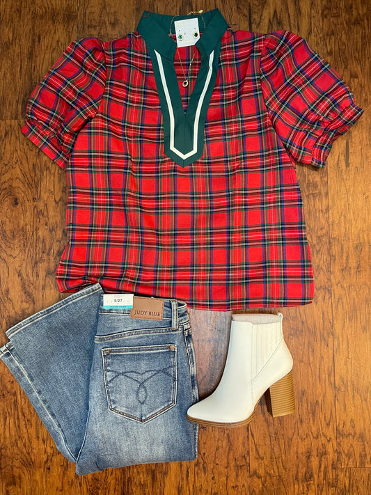 Merry Plaid Puff Sleeve Blouse