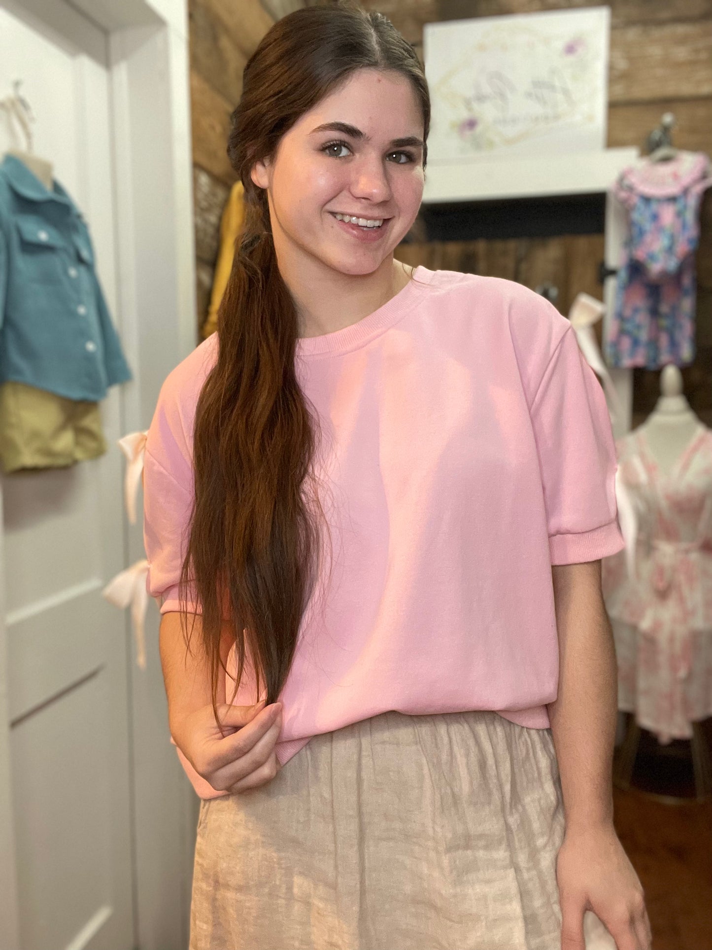 Ashley Pink Contrast Bow Top